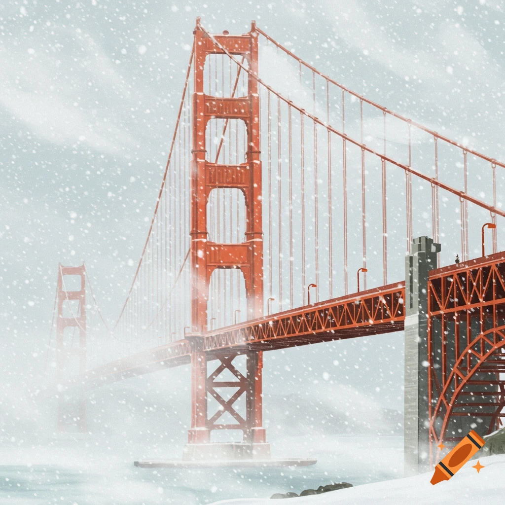 The Golden Gate Bridge stands partially obscured by heavy snowfall during a blizzard.