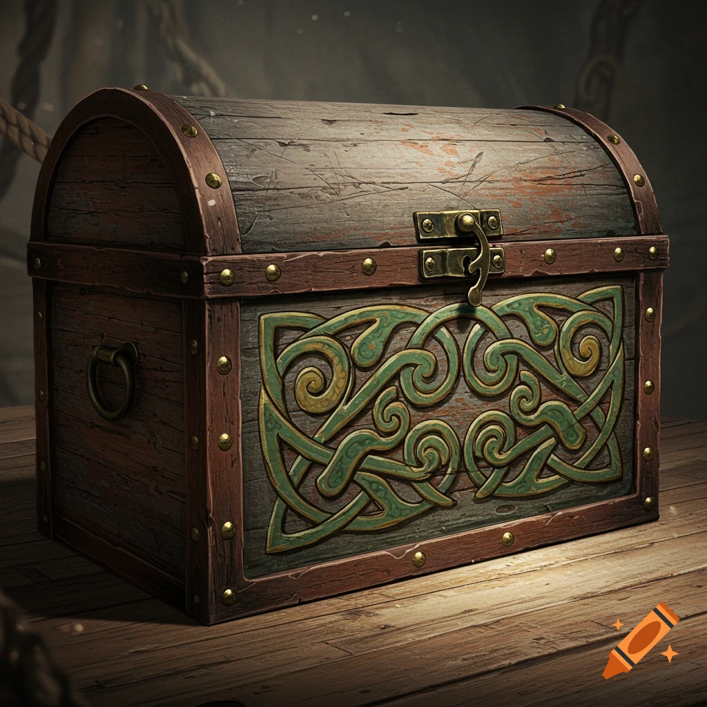 A weathered wooden chest with green Celtic knotwork decoration.