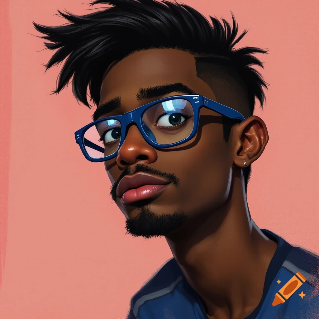 Stylized portrait of a young Black man with blue glasses and textured hair looking towards the viewer.