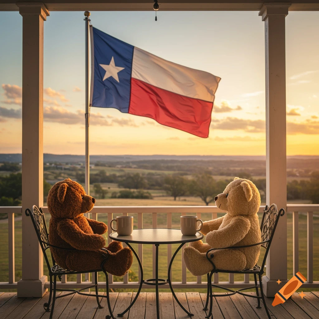 Two teddy bears have coffee on a porch overlooking a Texas sunset with the Texas flag.
