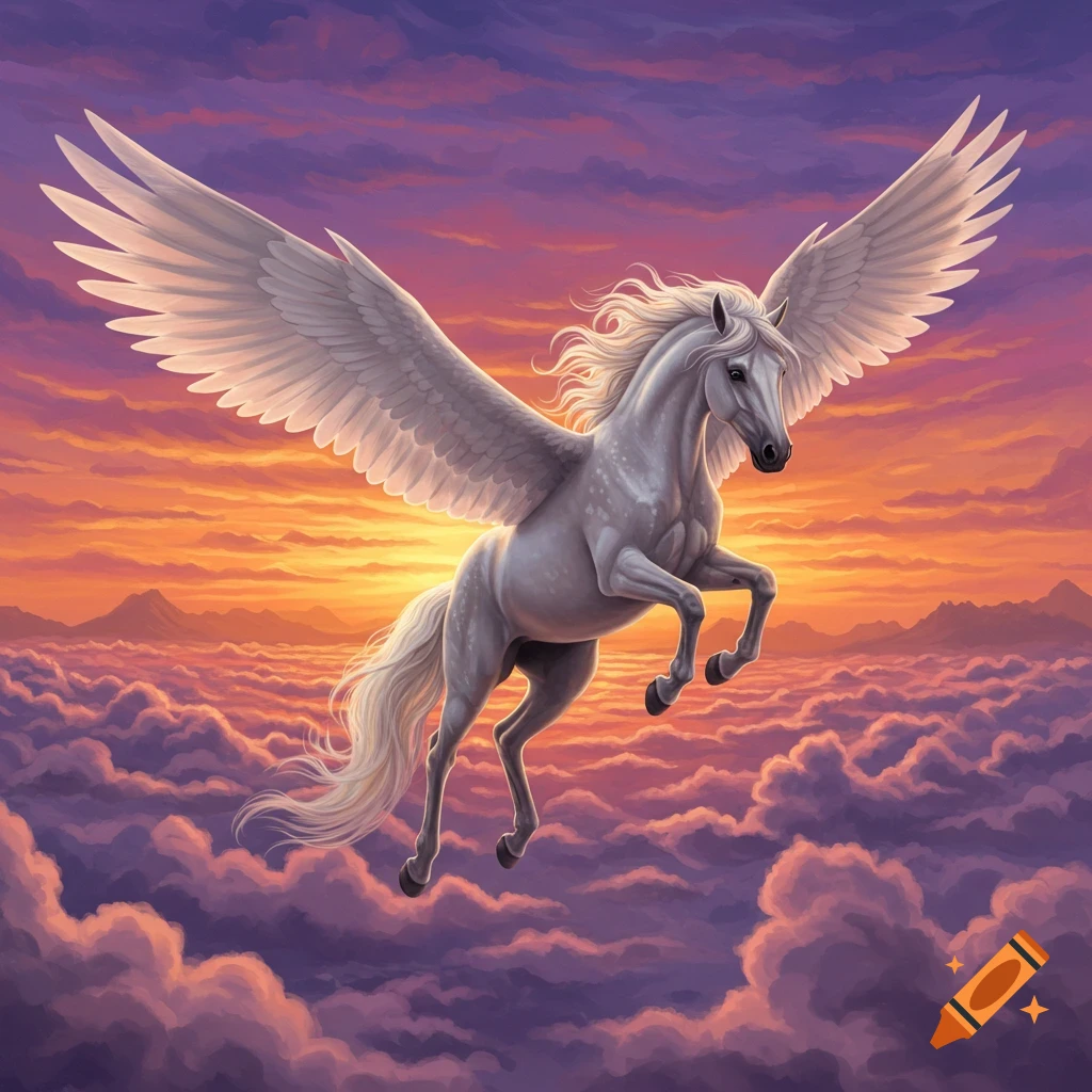 A white pegasus flies over colorful clouds and mountains at sunset.