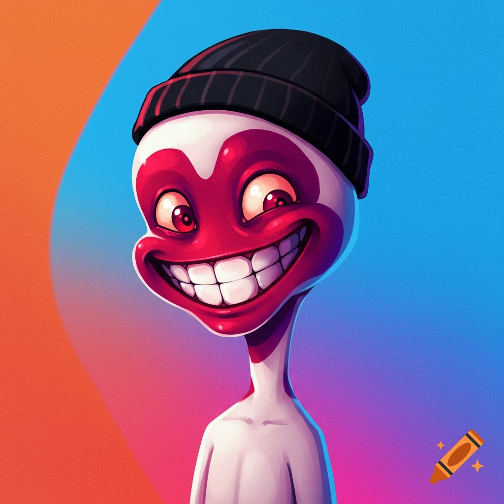 Cartoon character with a wide grin, red face markings, and a black beanie.