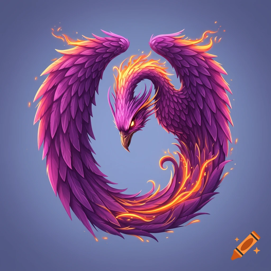 A stylized purple phoenix with fiery details, shaped like the letter O.