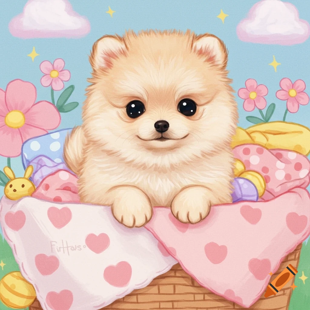 A cute illustrated puppy sits in a basket filled with colorful blankets and flowers.