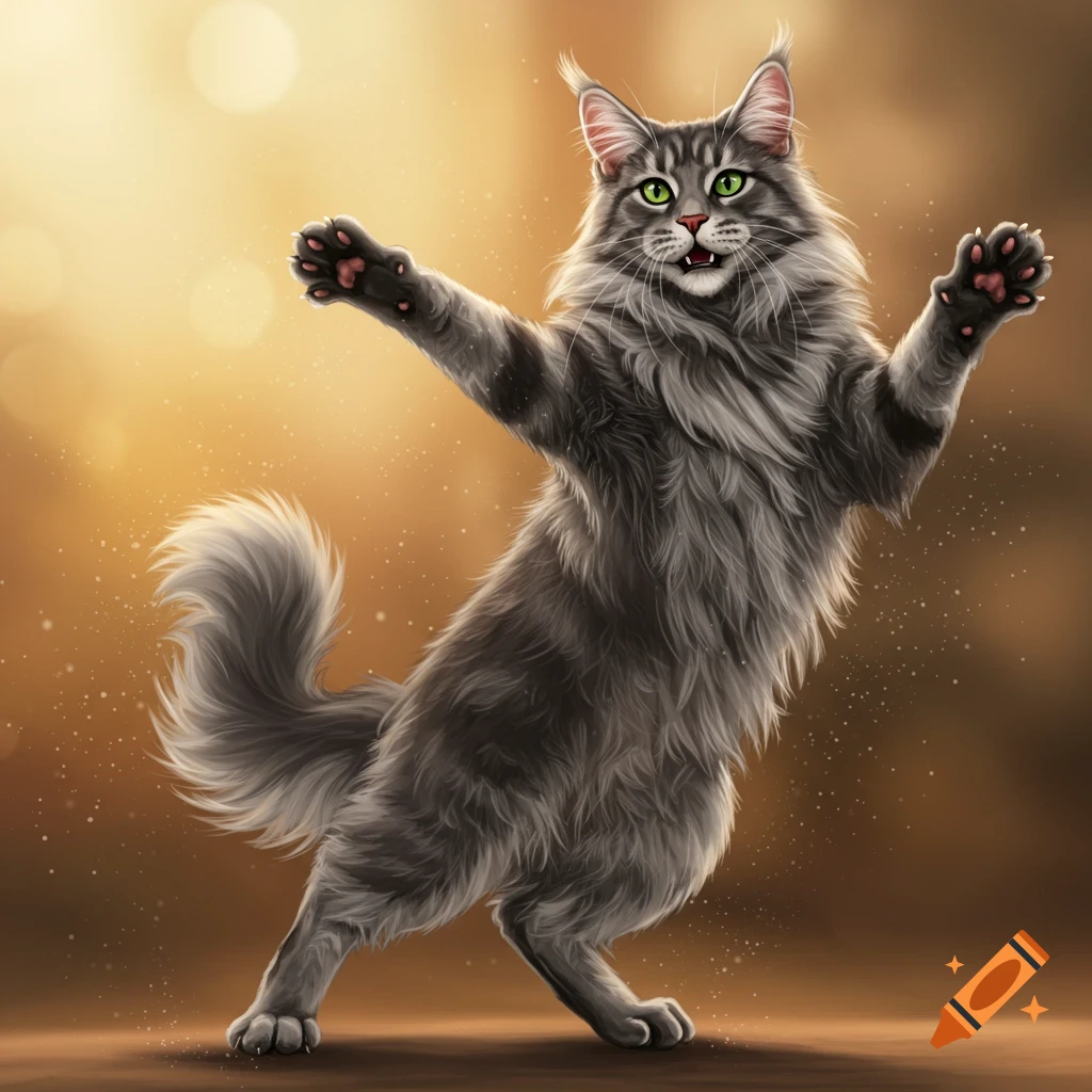 Grey Maine coon cat dancing against a warm, sparkling background.