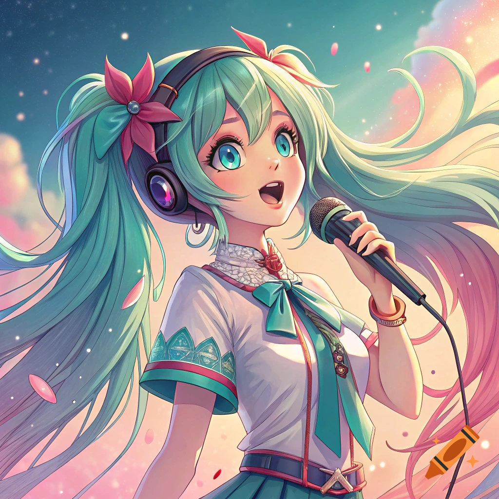An anime character with long teal pigtails, headphones, and a microphone sings.