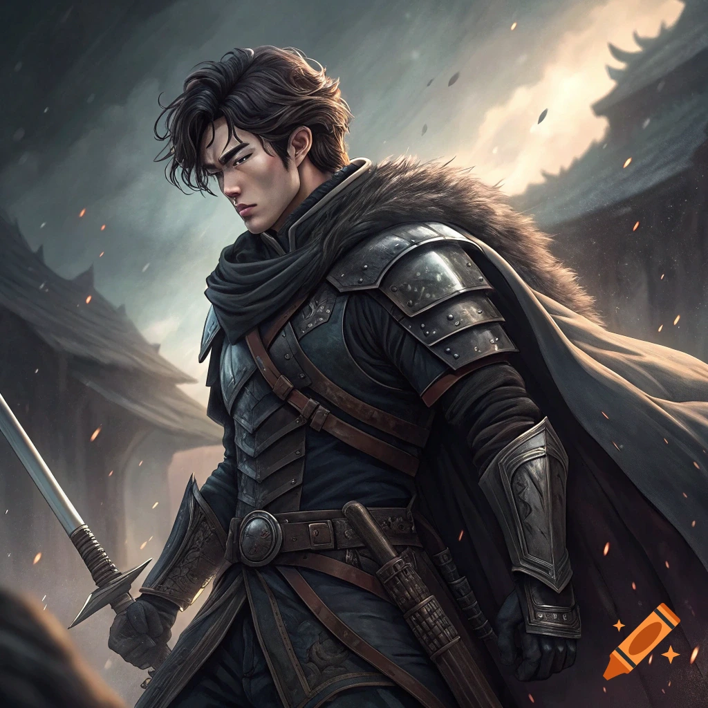 A man in dark fantasy armor with a fur collar and cloak holds a sword in a ruined setting.