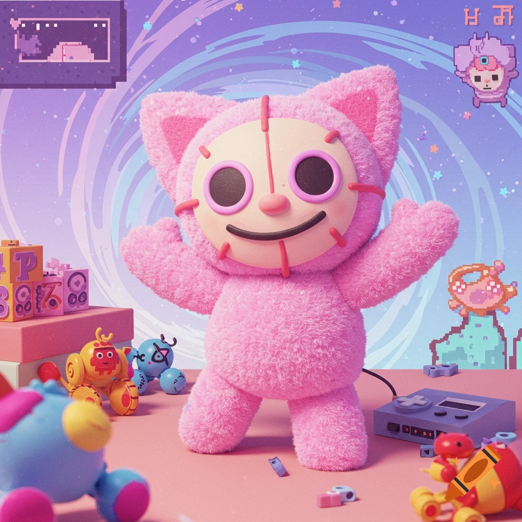 A pink masked creature toy stands in a colorful room with other toys, a gaming console, and pixel art in the background.
