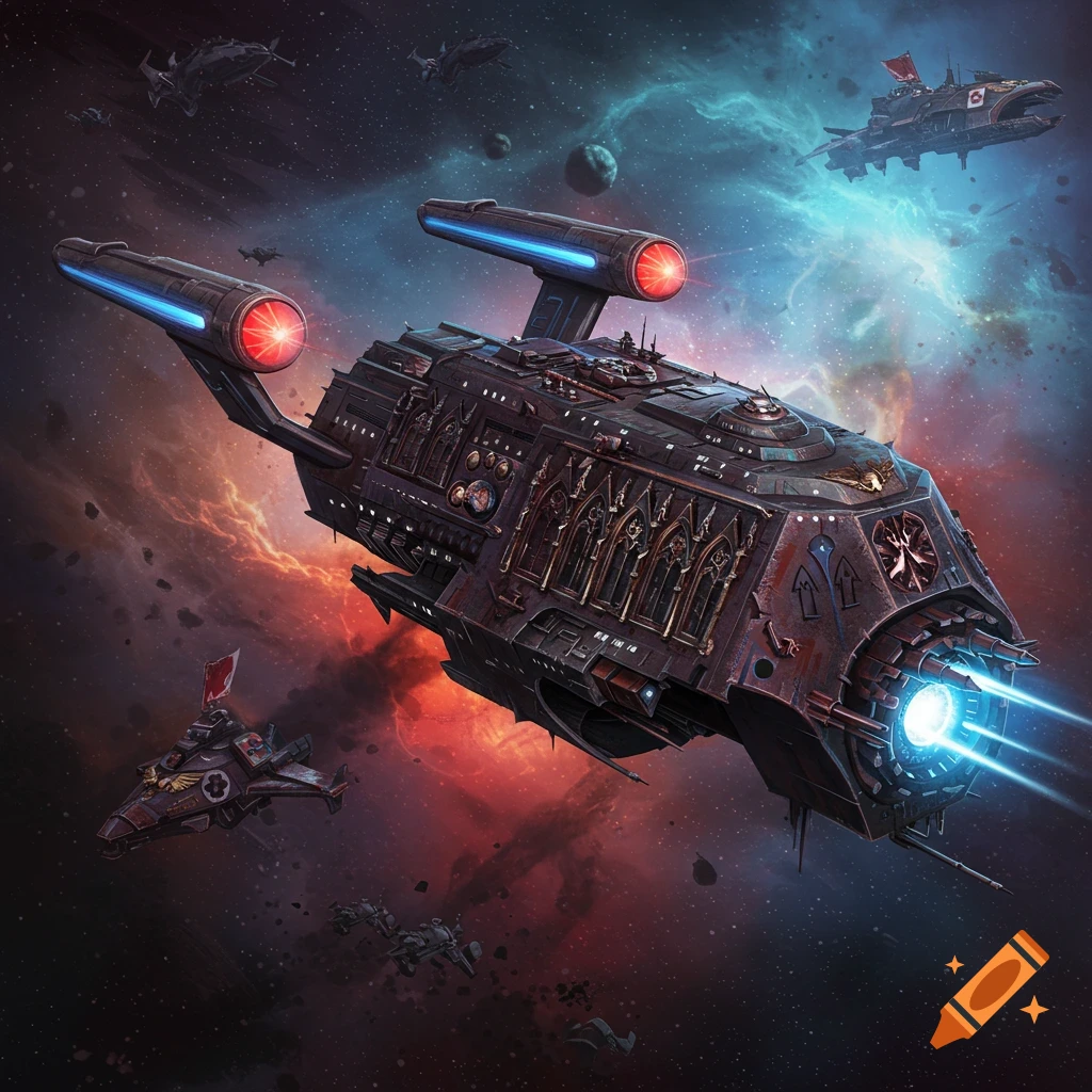 A gothic spaceship flies through a colorful space nebula with smaller ships.