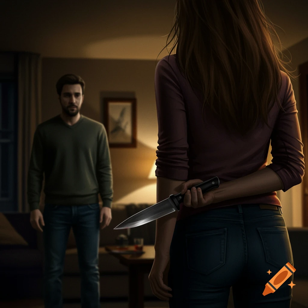 Woman hiding a knife behind her back while facing a man in a dimly lit room.