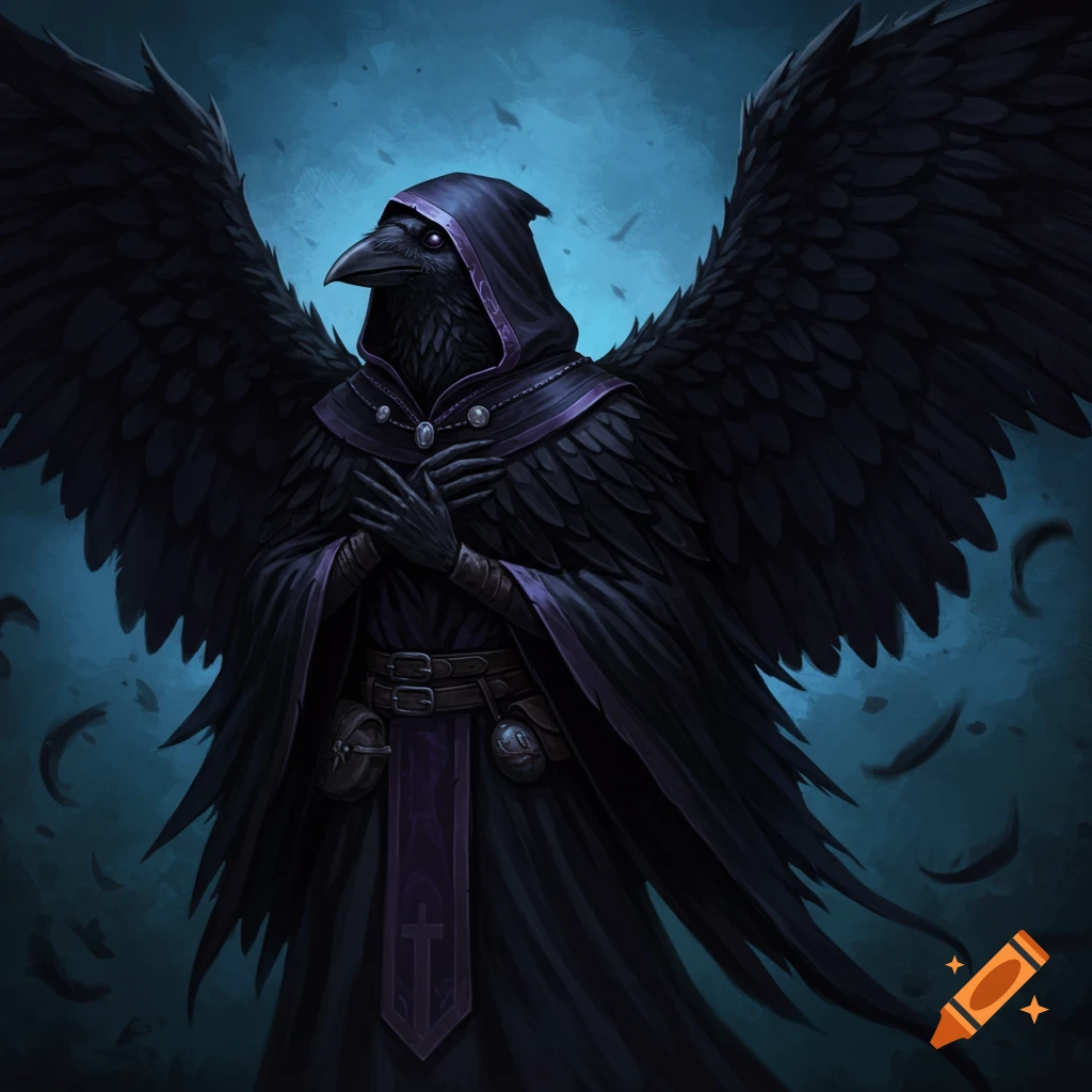 A hooded crow figure with large wings and dark robes, standing with hands clasped, in a dark fantasy art style.