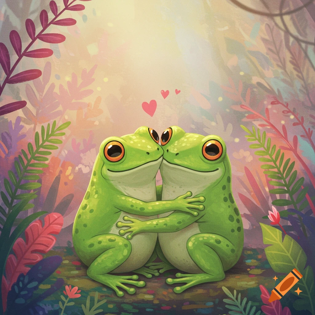 Two cute frogs hugging