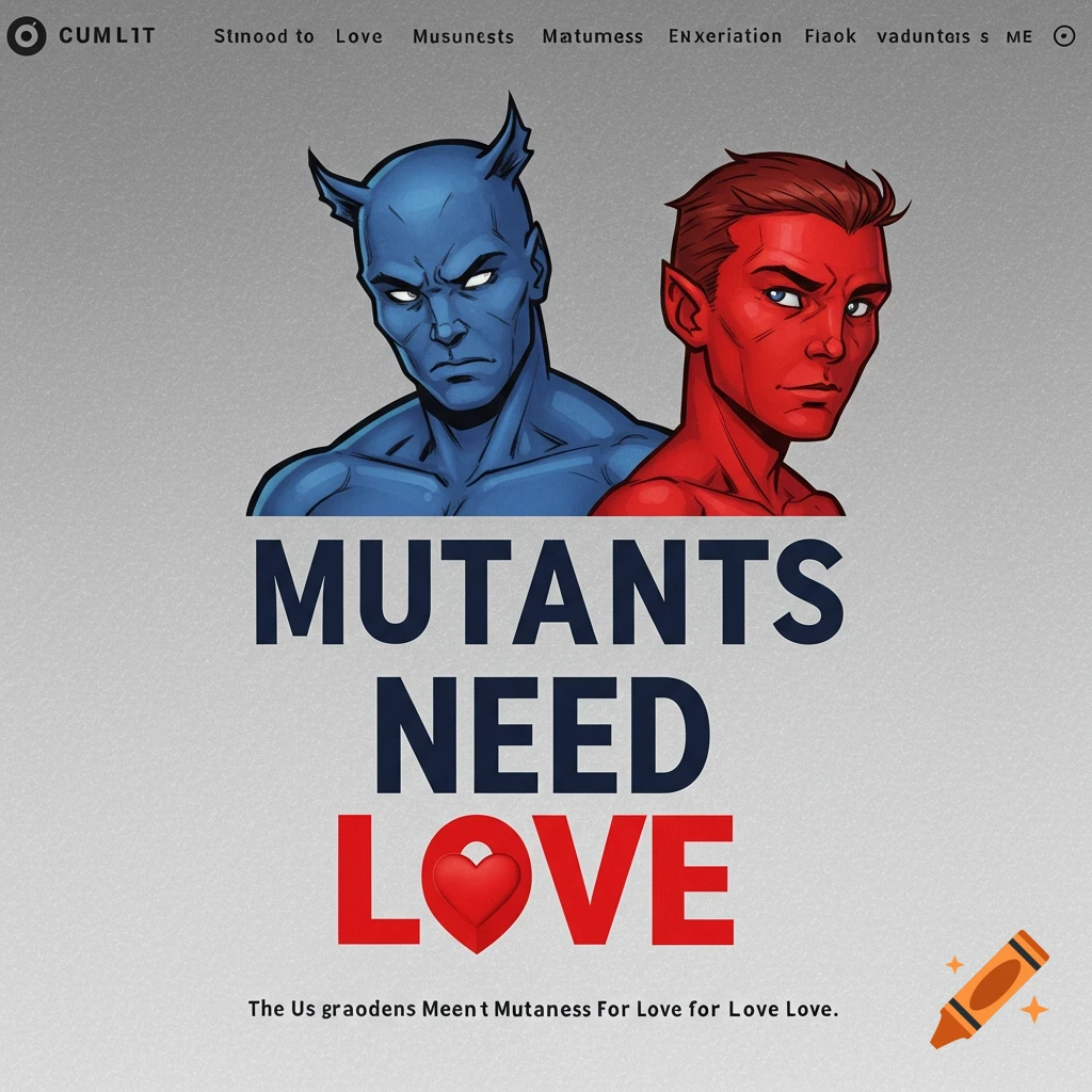Comic book style image of a blue mutant character and a red mutant character. Large text reads "MUTANTS NEED LOVE".