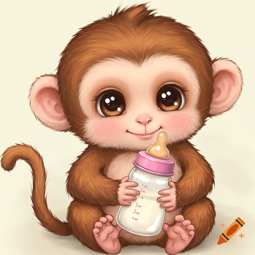 Cute monkey holding a baby bottle