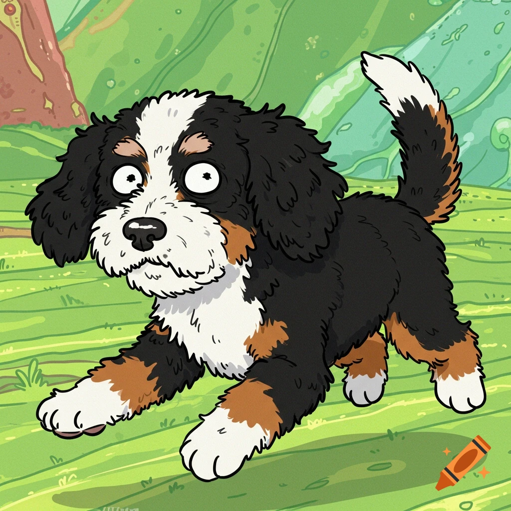 Rick and Morty style cartoon of a bernedoodle dog