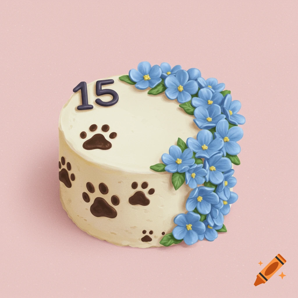 Circle cake with blue flowers, number 15, and paw prints decoration mock-up design idea for party cake decorations DIY bake off ideas inspiration trends birthday cake decoration ideas bakeries baking food cakes fondant frosting buttercream icing fillings toppings cakes occasion seasonal flavors techniques recipes decorating tips presentation serving storage cake decorating for beginners intermediate advanced cake art edible art cake design