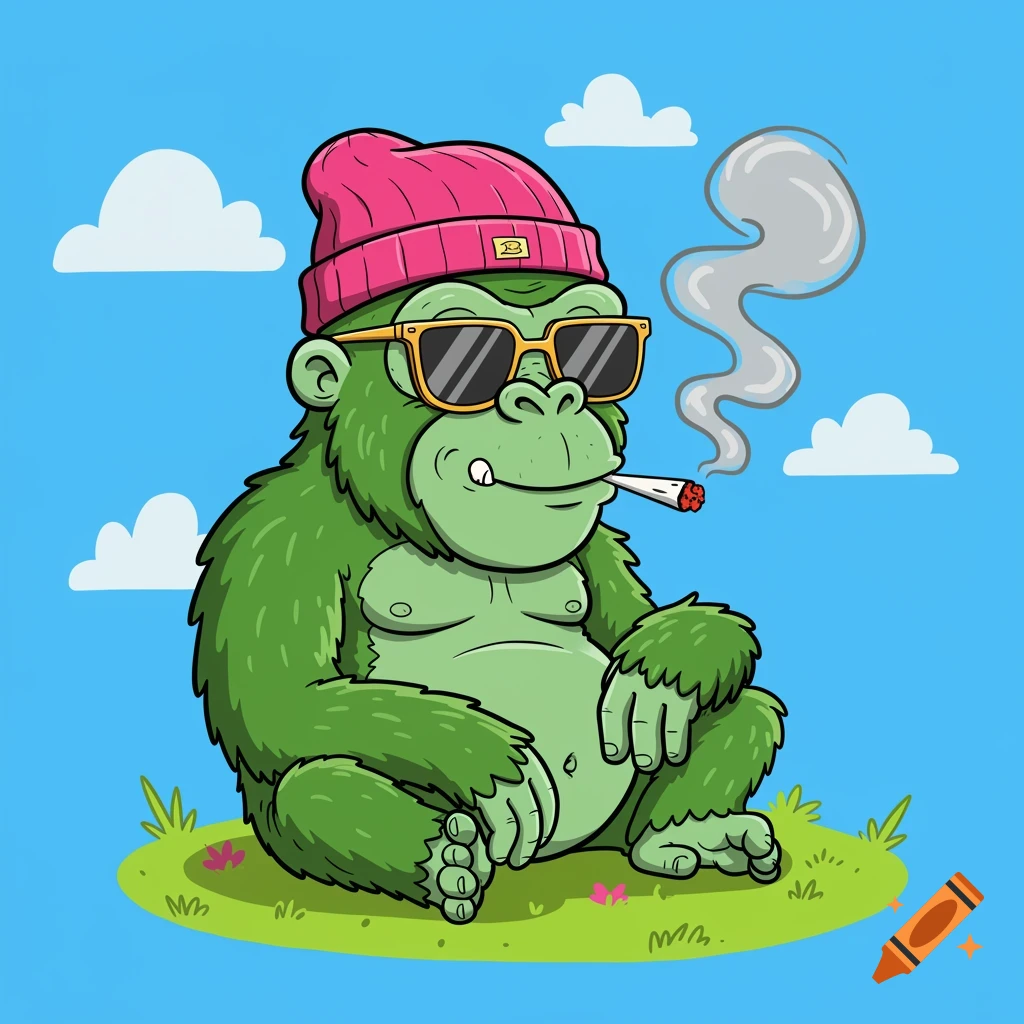 Cartoon illustration of a green gorilla wearing a pink beanie and sunglasses, sitting on grass and smoking.