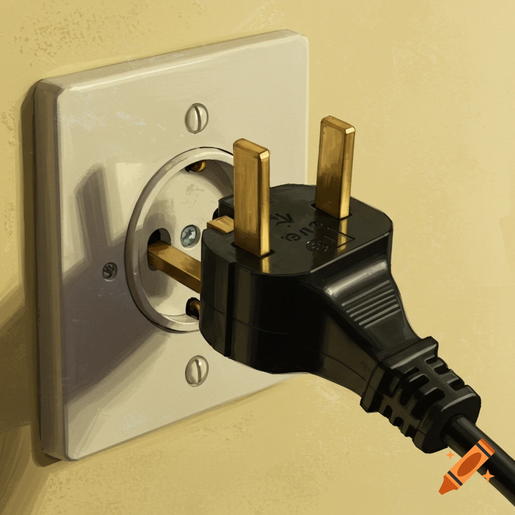 Close-up illustration of a black electrical plug partially inserted into a white wall socket.