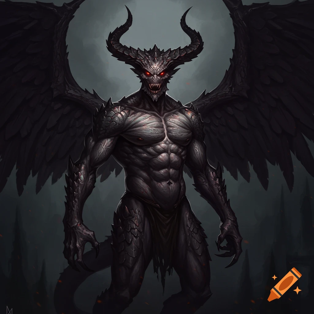 A fierce demon with black scales, red eyes, horns, and large black wings.