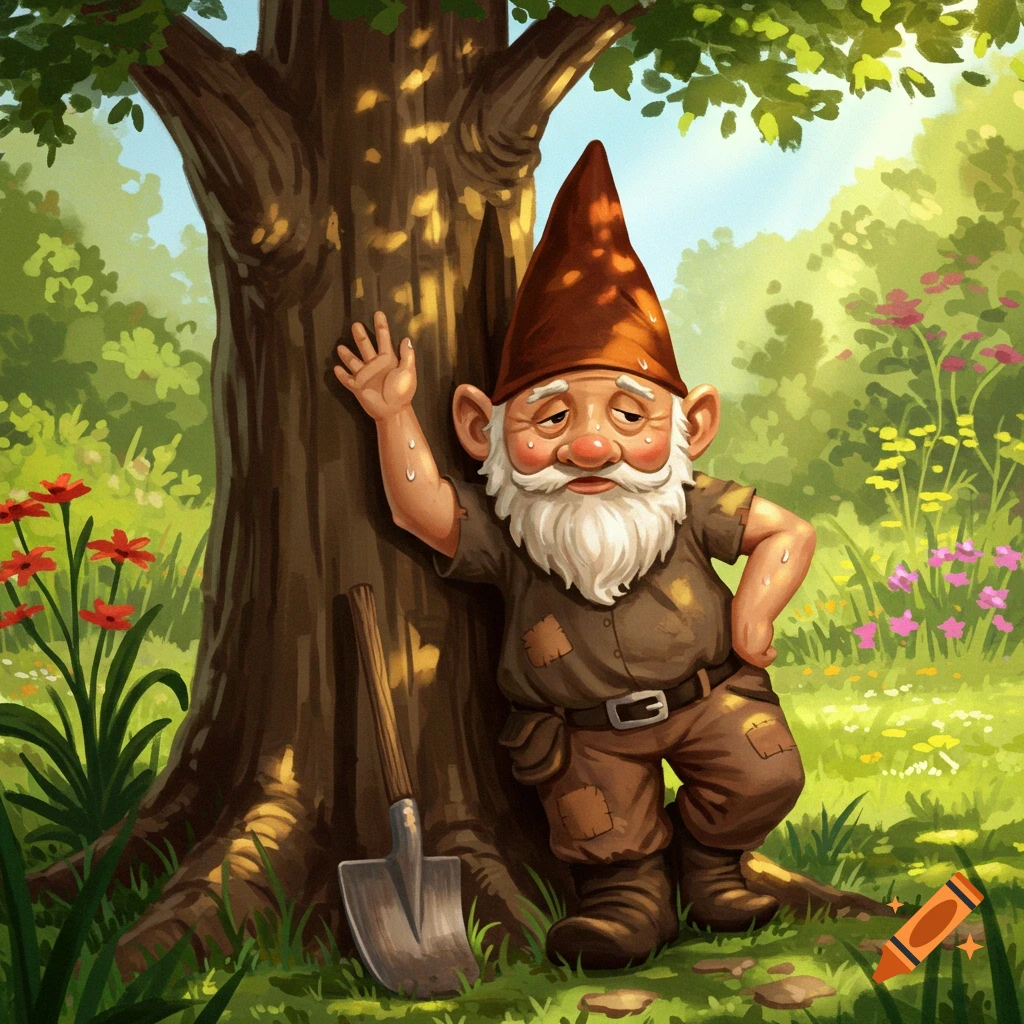 Exhausted garden gnome leaning on a tree