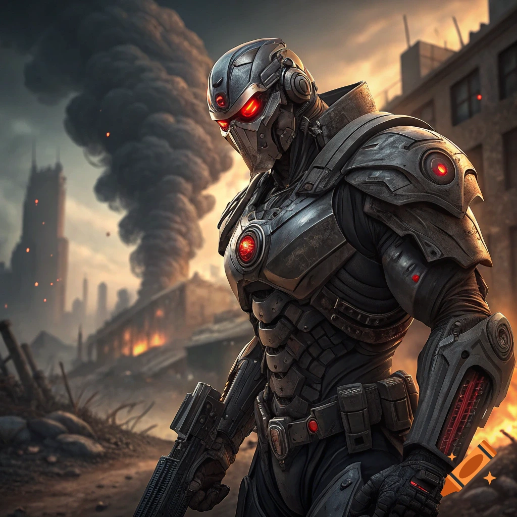Cyborg in dark armor stands in a ruined city with smoke and fire.