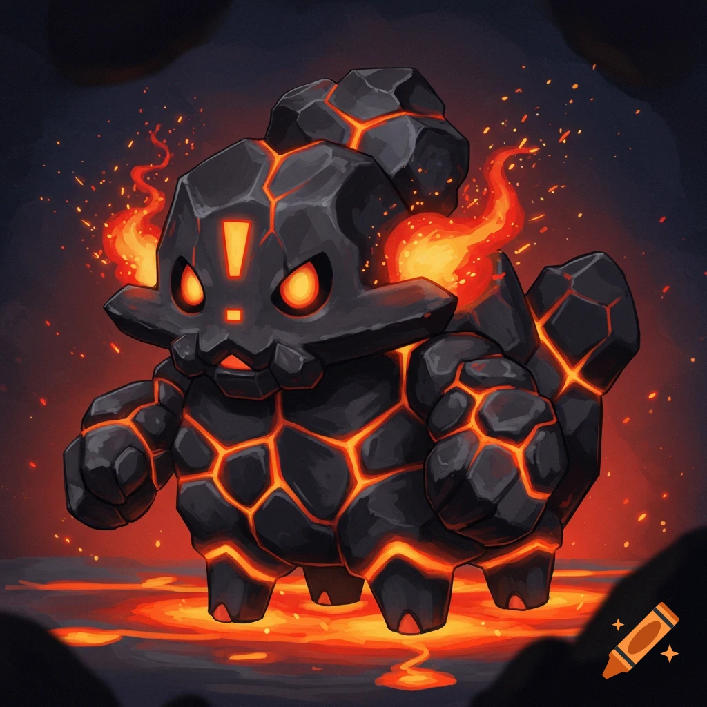 Stylized illustration of a dark rock creature with glowing orange magma cracks, an exclamation mark on its face, and fire, standing in lava.