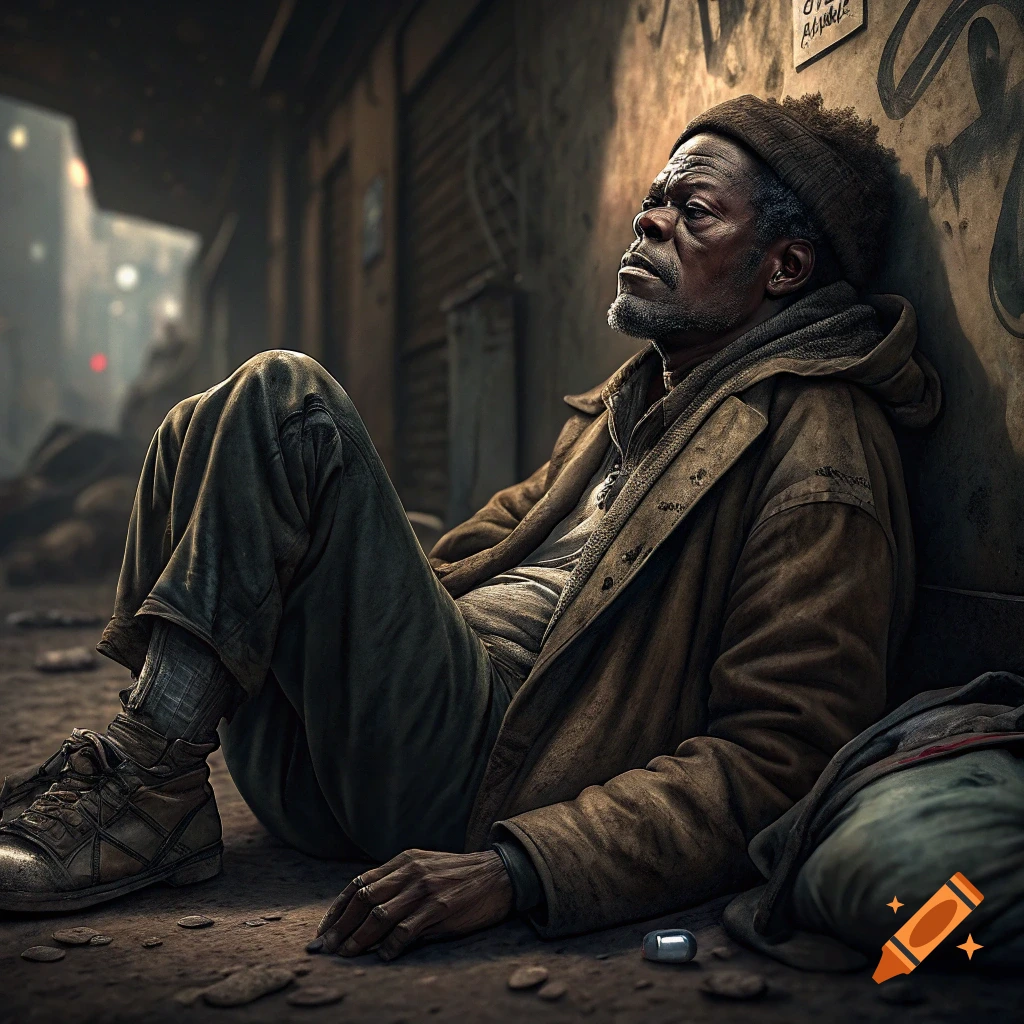 Man resembling Samuel L. Jackson sits slumped against a wall in a gritty urban alley, photorealistic style.