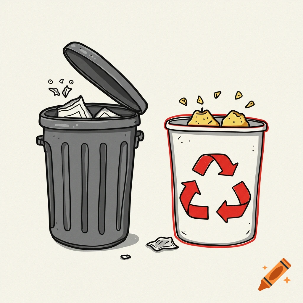 Cartoon-style image of a trash bin next to an outline of a recycling bin, as if it's invisible.