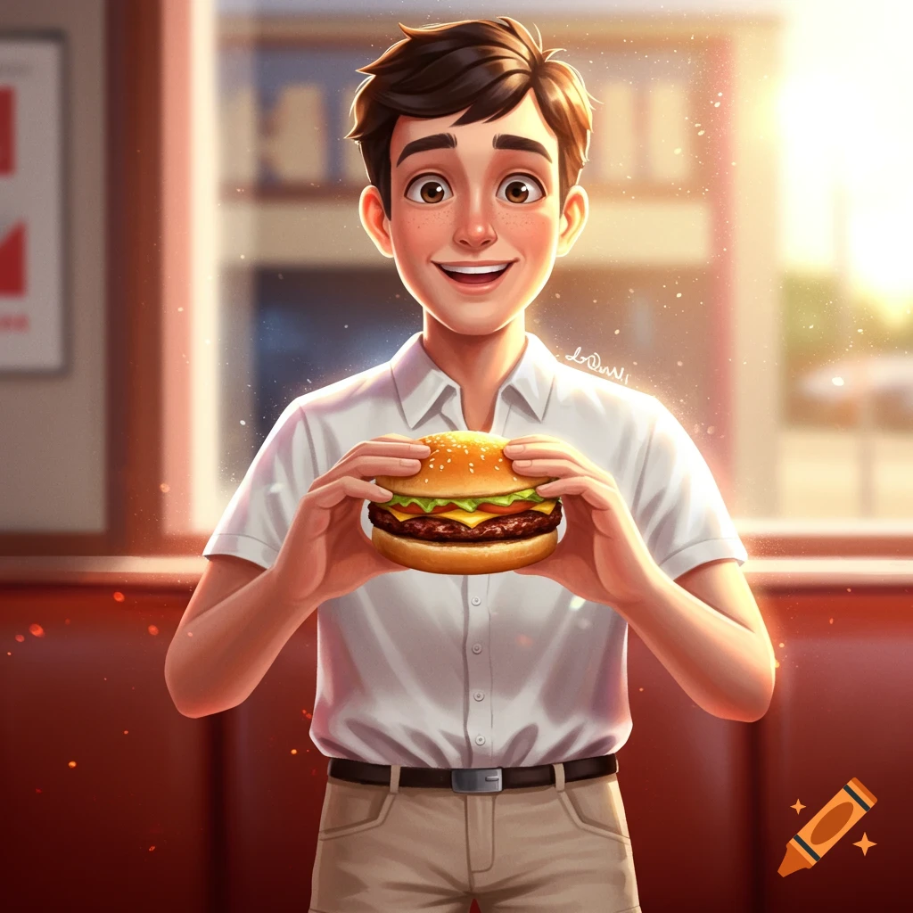 A smiling cartoon boy holds a hamburger in a sunny restaurant.