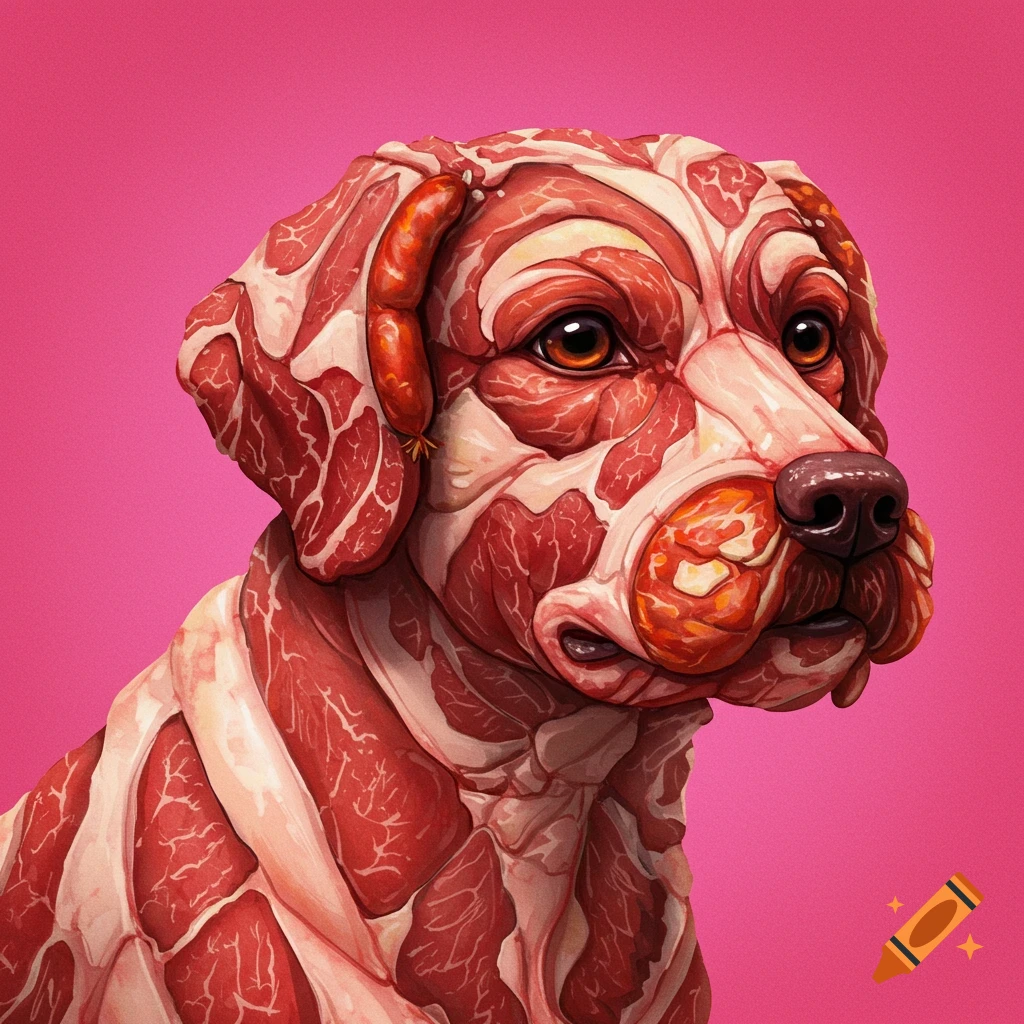 A dog portrait made entirely of raw meat and sausages against a pink background.