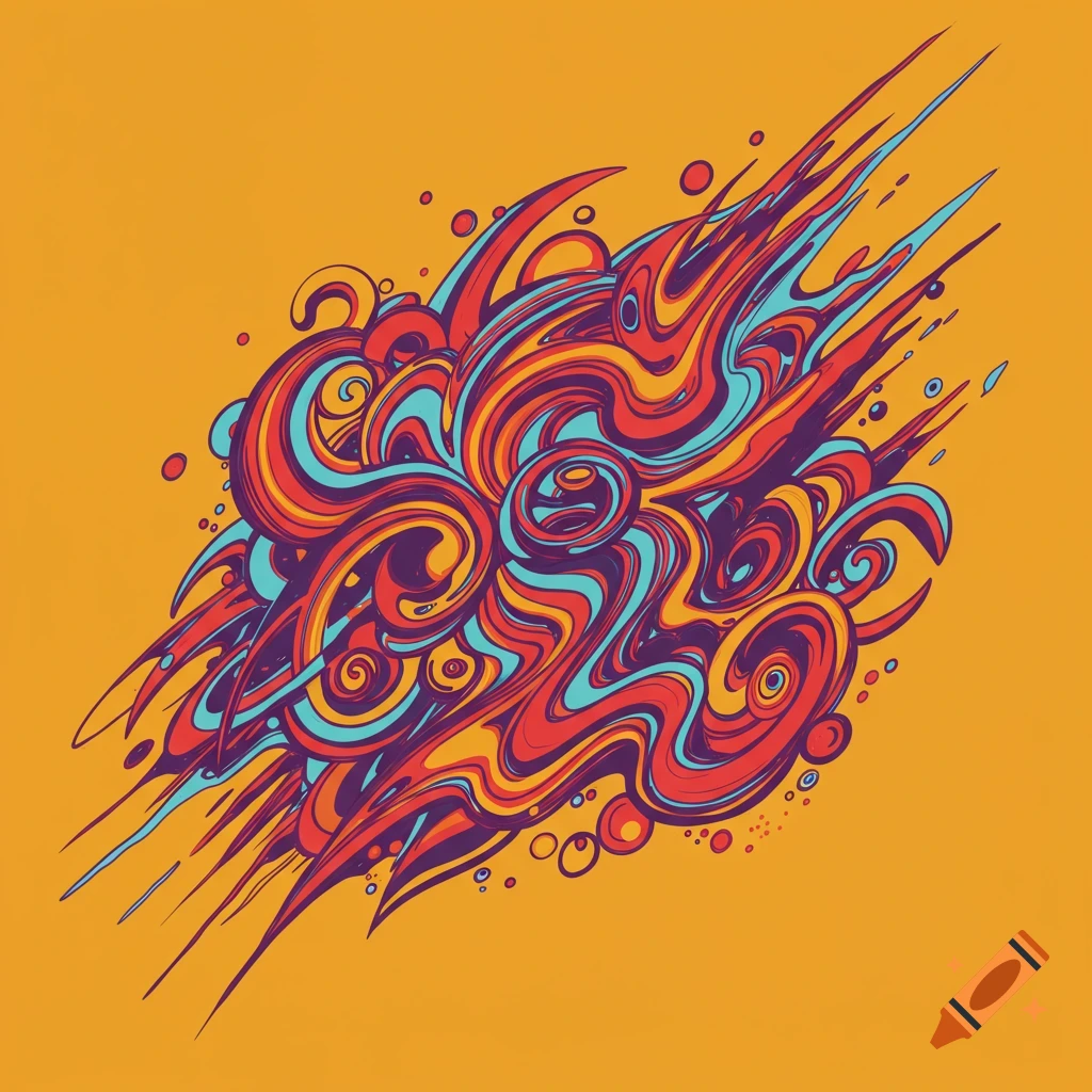 Colorful abstract illustration with swirling lines on a yellow background