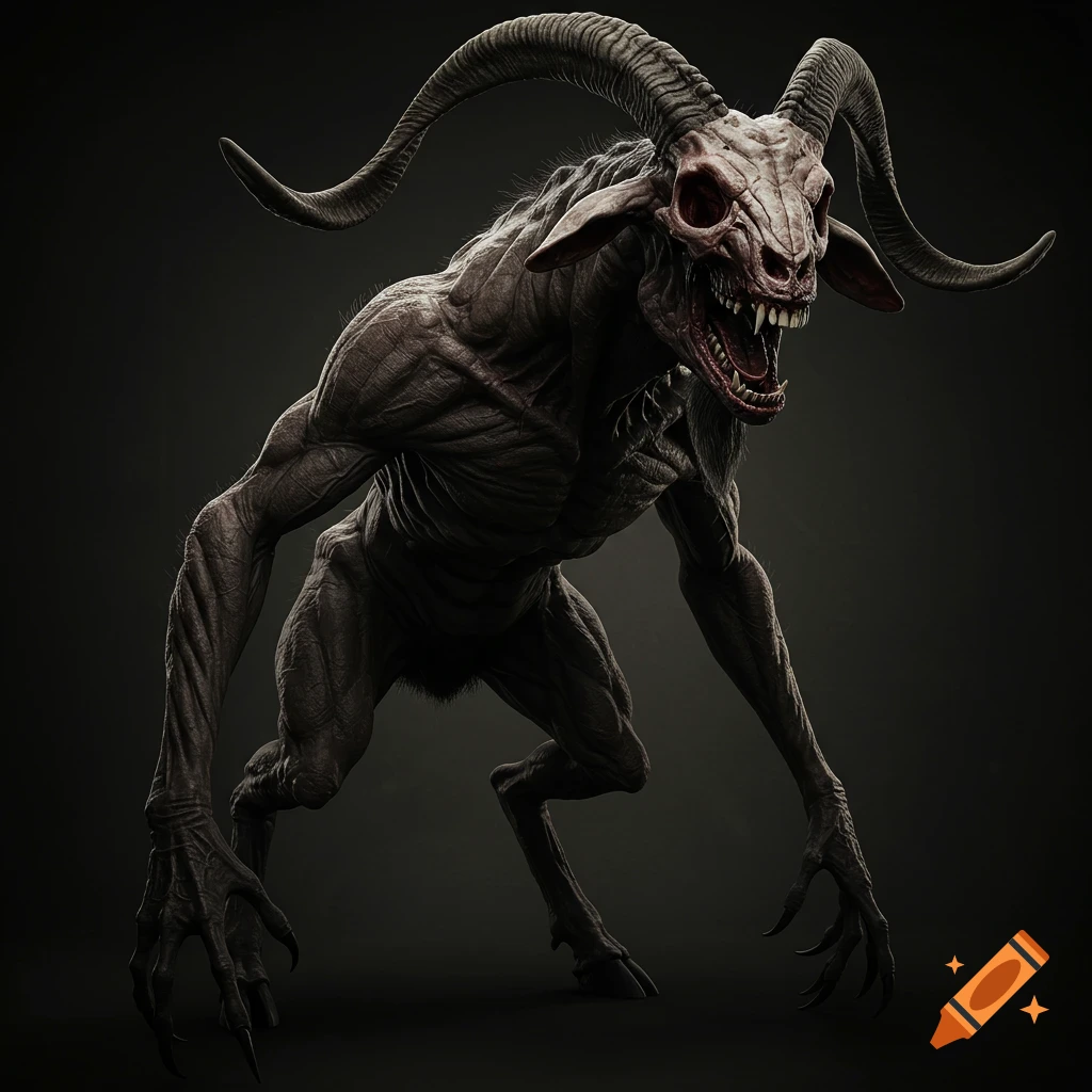 A terrifying goat-like monster with large horns, a skull-like face with no eyes, and talons.