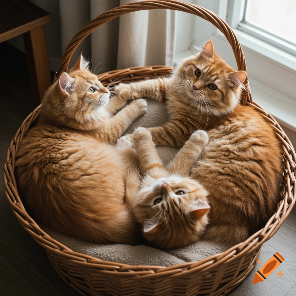 Three ginger cats in a woven basket.