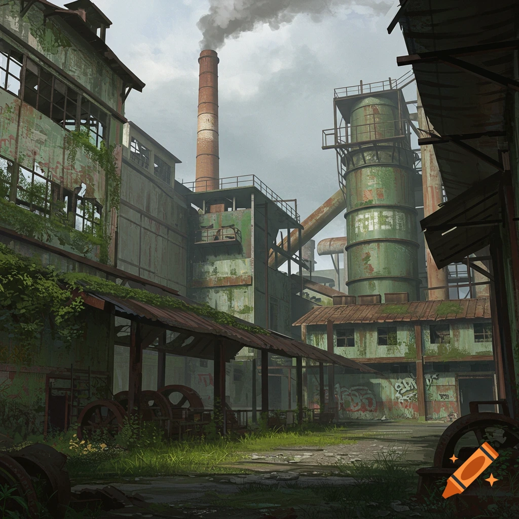 An abandoned industrial factory with overgrown plants and rust under a cloudy sky.