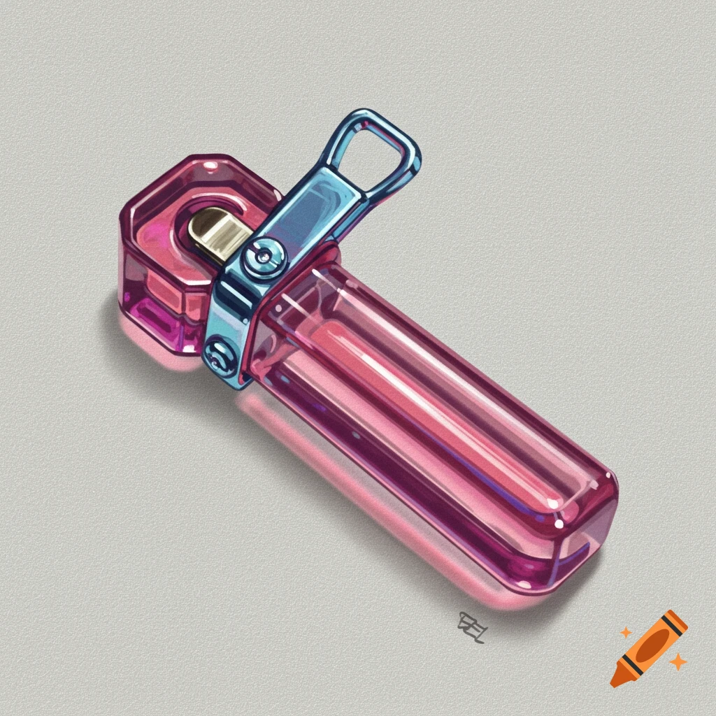 Stylized illustration of a pink and blue object with a handle on a grey background.