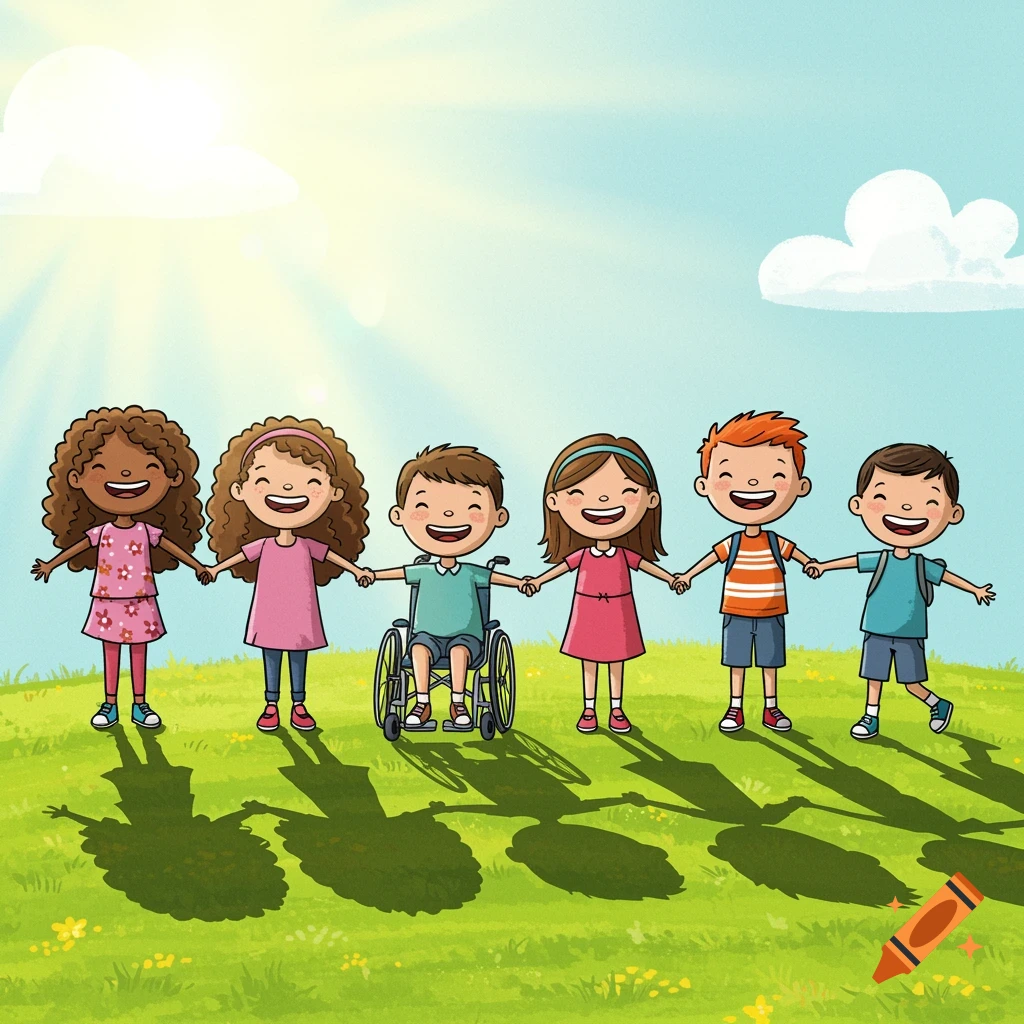 Illustration of six smiling children holding hands in a sunny field, one child is in a wheelchair.