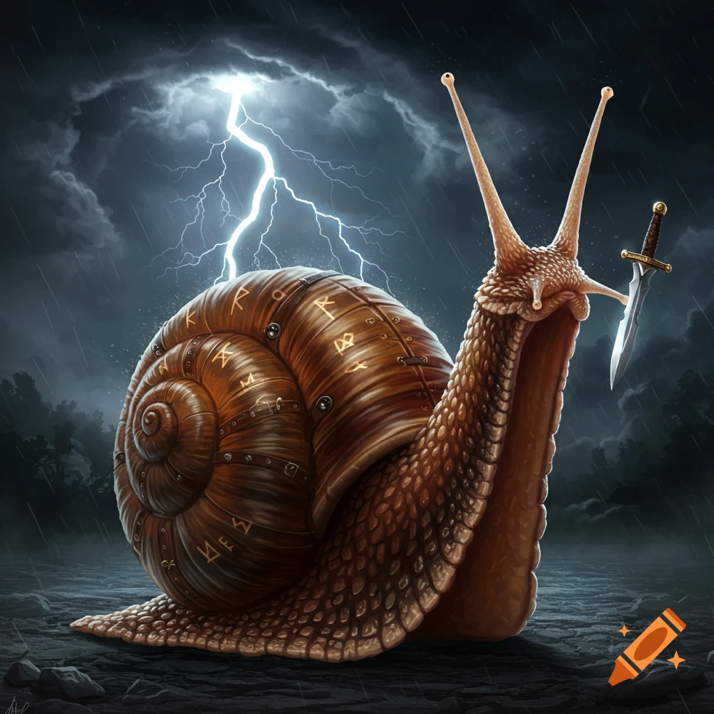 A warrior snail stands in a storm, holding a sword. Runes cover its shell. Lightning flashes in the background.