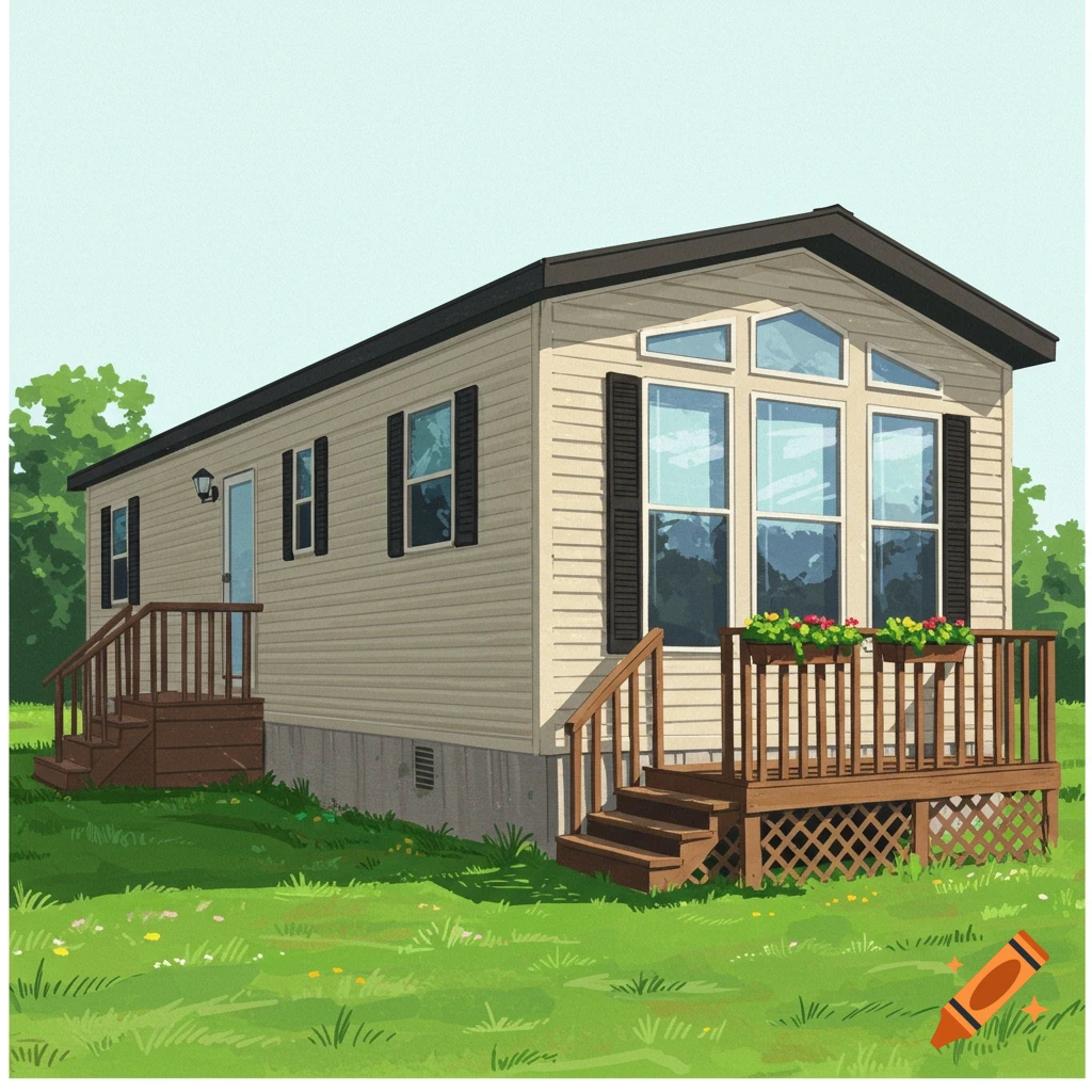 Illustration of a single-story mobile home with porches, steps, and landscaping.