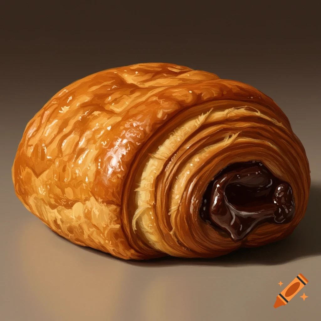 A close-up painting of a pain au chocolat pastry.