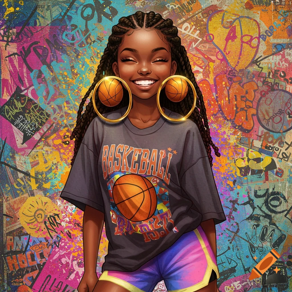 Illustration of a girl with braids wearing basketball hoop earrings and a basketball shirt in front of colorful graffiti art.