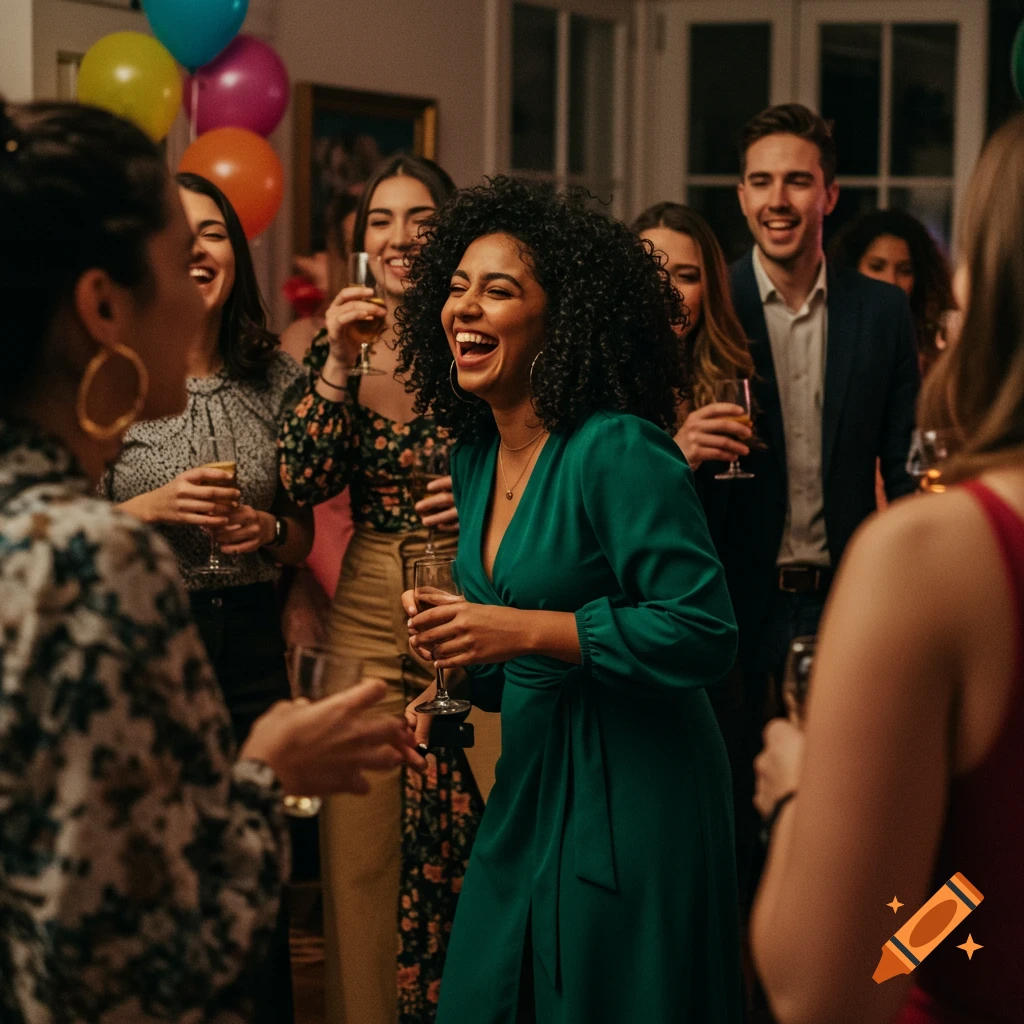 A group of friends laughing at a party, holding drinks, with balloons in the background.
