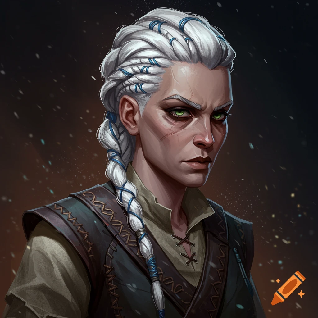 Woman with white braided hair, green eyes, scar, and fantasy outfit.