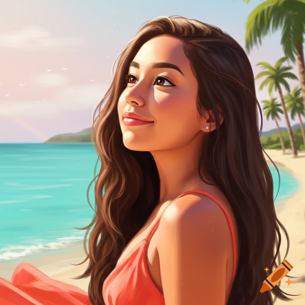 An illustration of a young woman with long brown hair smiling and looking up while sitting on a beach.