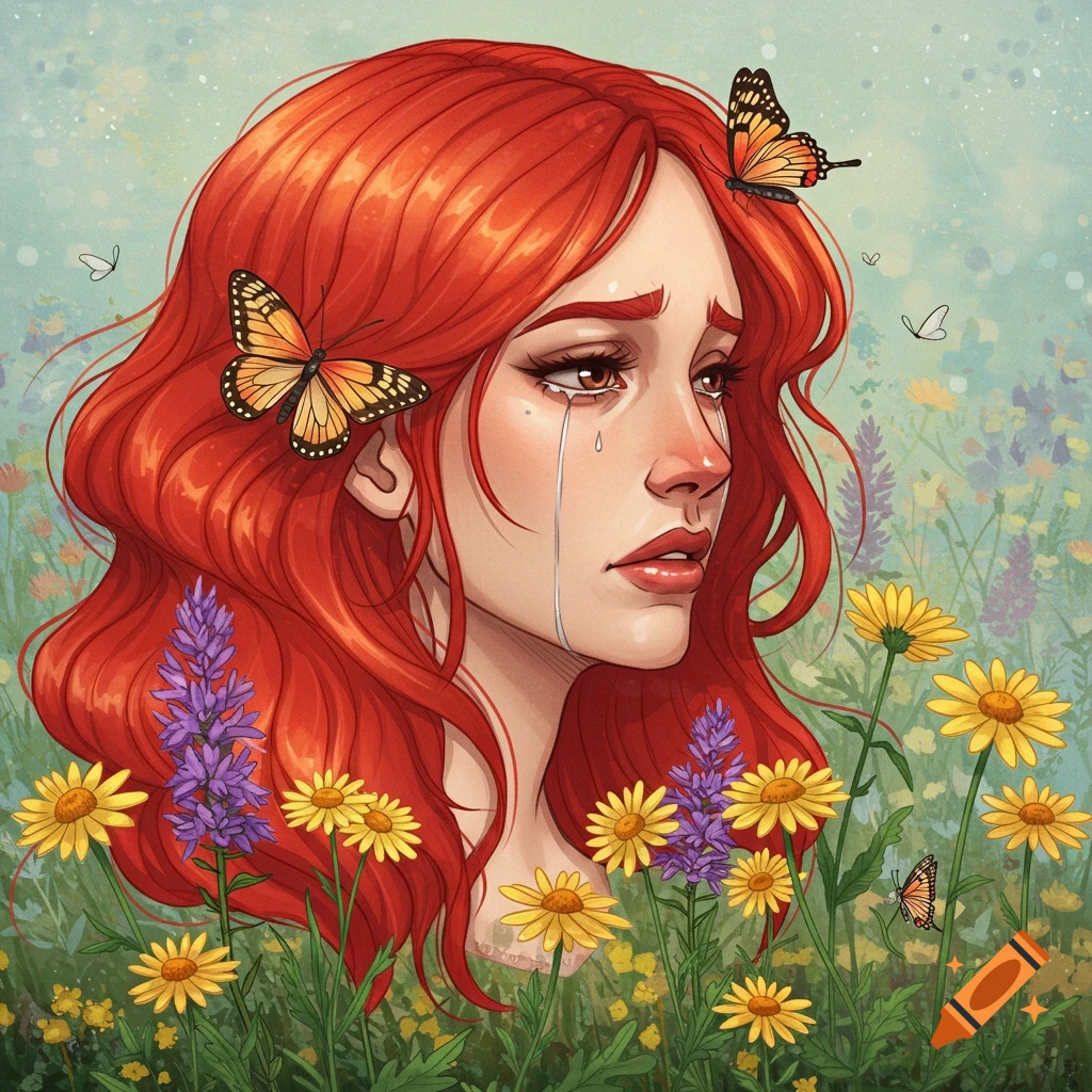 Illustration of a crying woman with red hair surrounded by flowers and butterflies