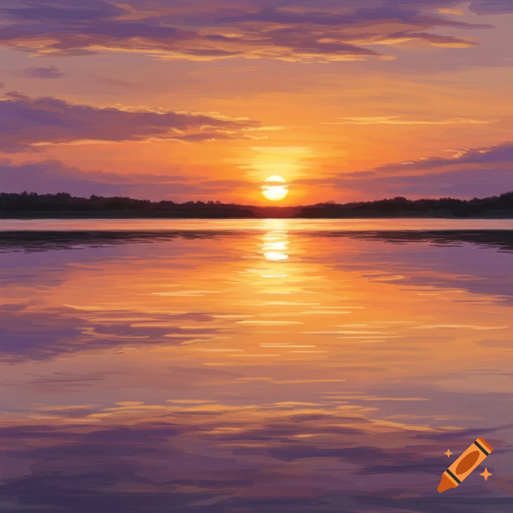 A colorful sunset over a peaceful lake with reflections and clouds in a stylized painting.