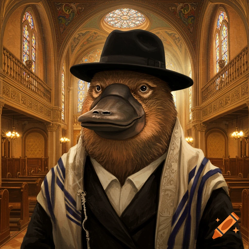An anthropomorphic platypus wearing a hat and tallit stands in a synagogue.
