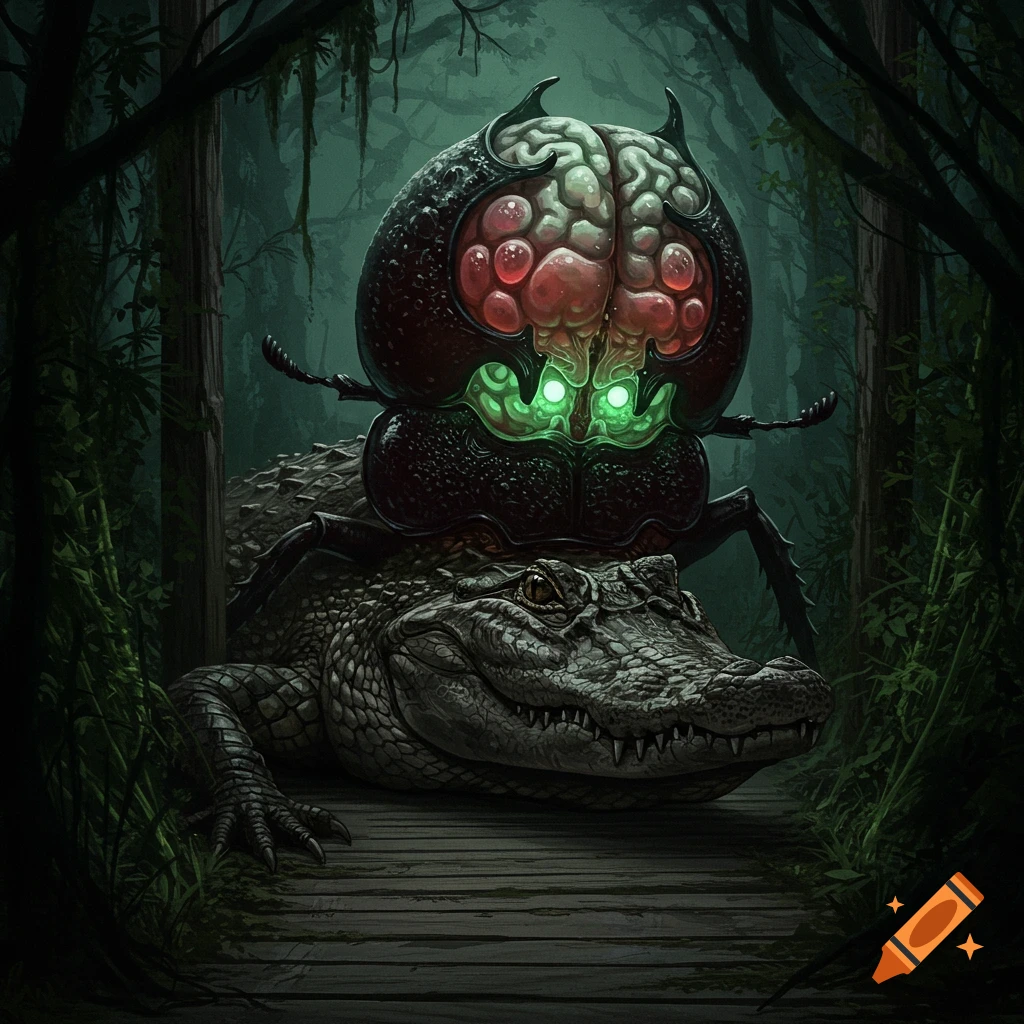 A creature with a large beetle body and brain-like head sits on the back of an alligator on a dark path in a swamp.