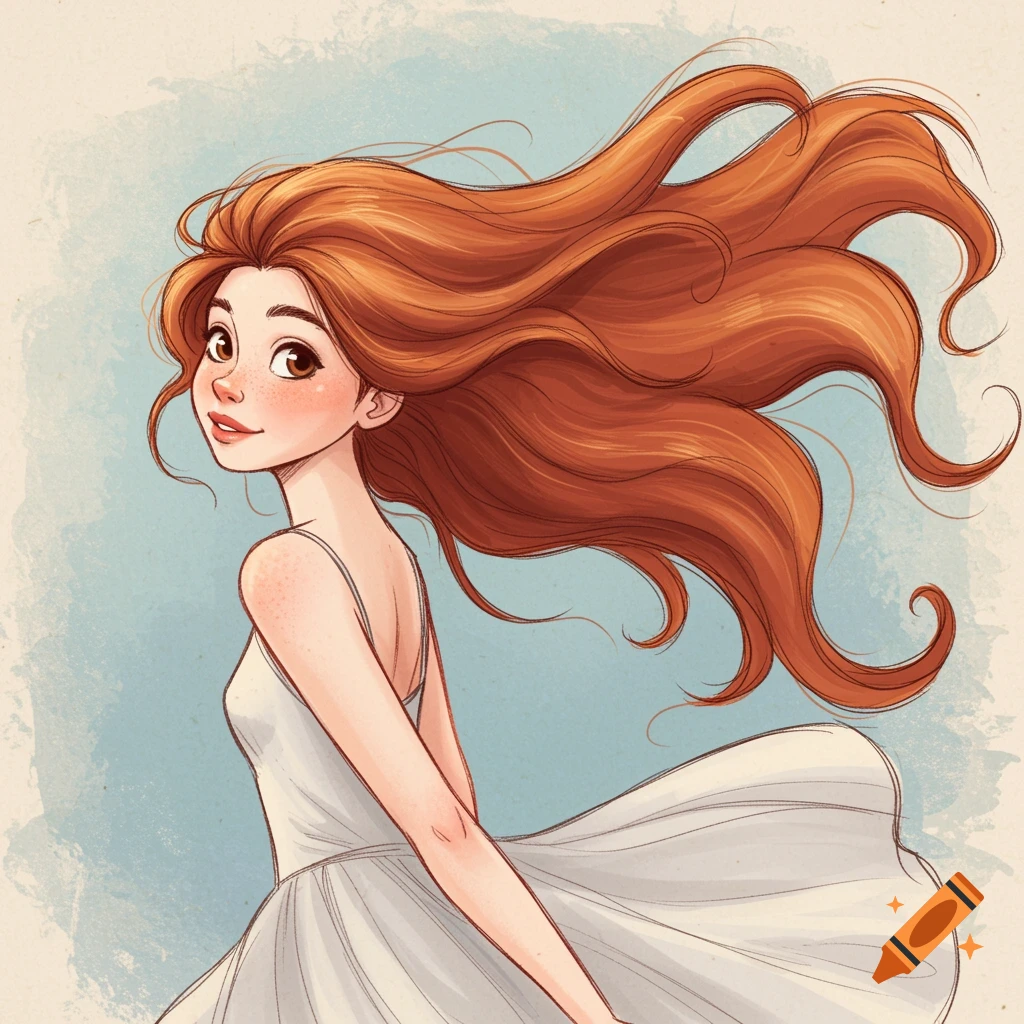 Drawing of a girl with long red hair flowing behind her, looking over her shoulder