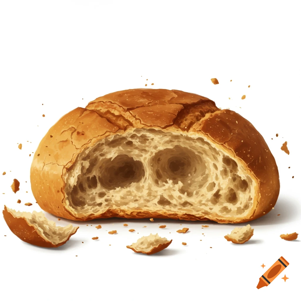 A loaf of bread cut open with crumbs scattered on a white background.
