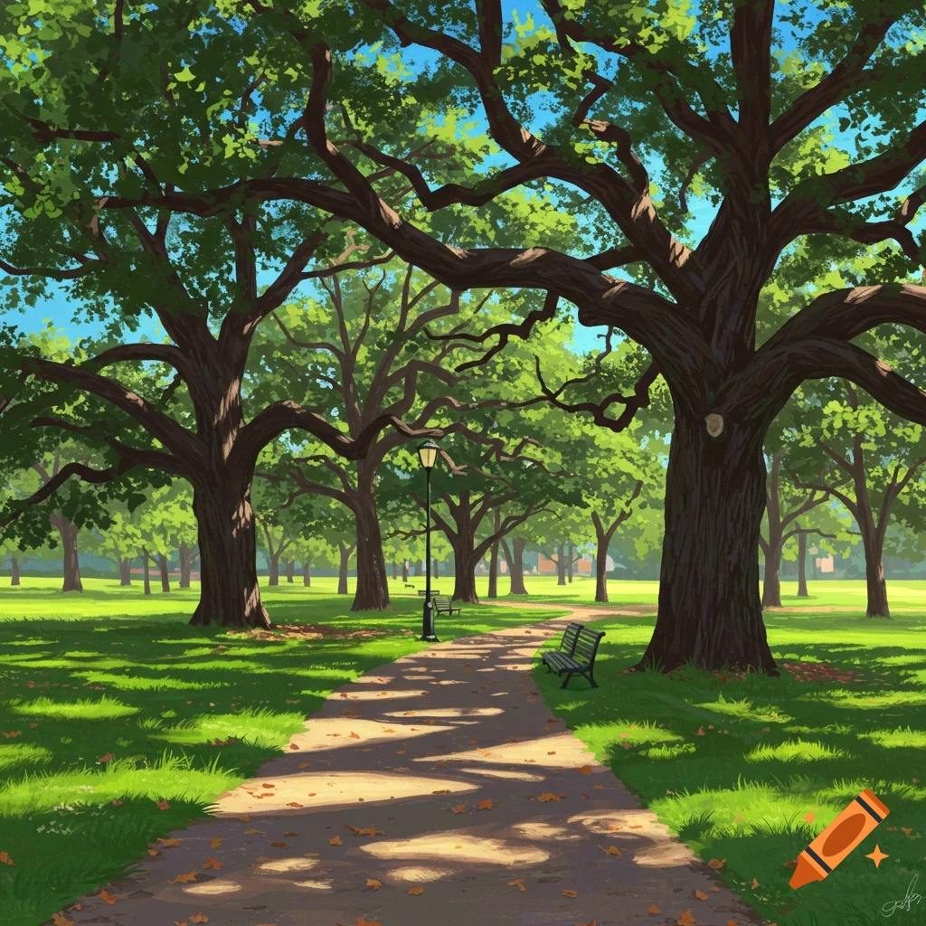 A park path winds through large oak trees with green grass, benches, and fallen leaves in a painterly style.